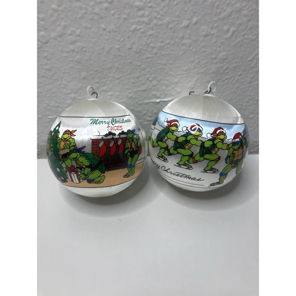TWO Vtg 1990 Teenage Mutant Ninja Turtles Satin Christmas Ball Ornaments